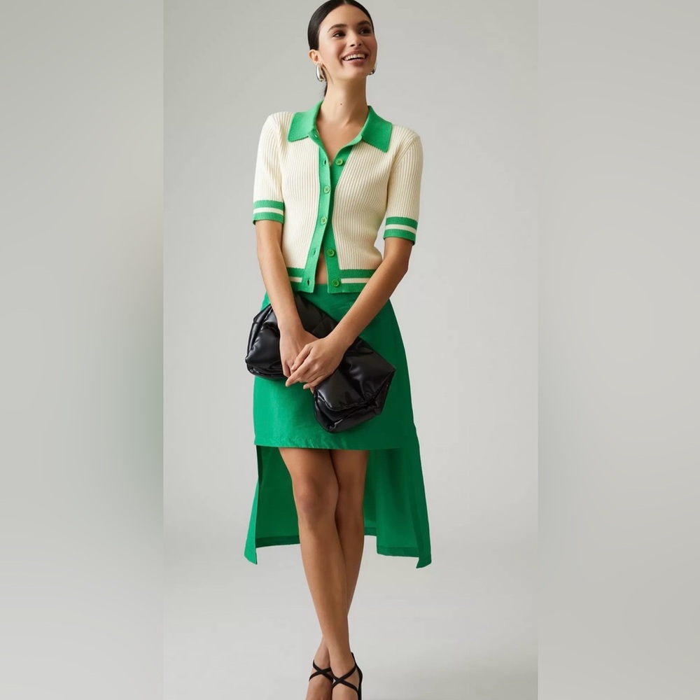 Anthropologie Green High-Low Colorblock Polo and Asymmetrical Sateen Skirt Set